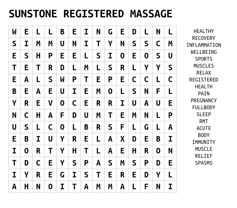 Healthy RMT Word Search, Massage Therapy Word Search, Healthy Lifestyle Word Search Printable,